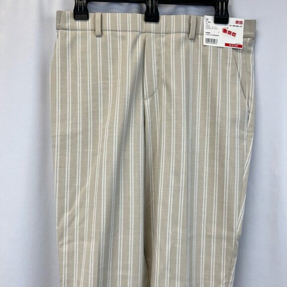 Uniqlo Womens Straight Leg Casual Pants Beige Off White Stripe Pockets 31 New - Picture 10 of 12